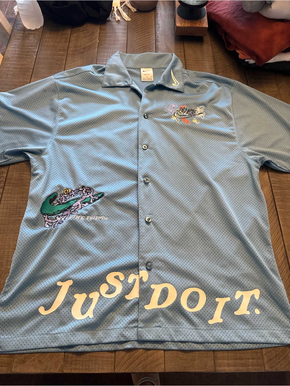 Nike Sky Blue Mesh Sport Button-Up Shirt with Graphic Embroidery
